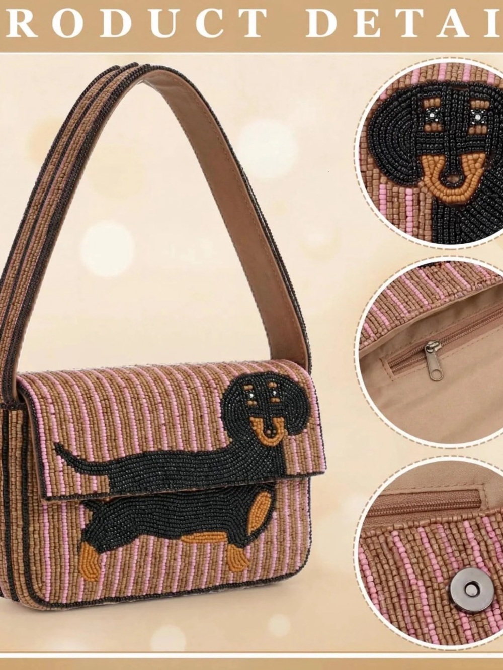 Beaded Dachshund Dog Shoulder Bag in Pink and Black - Designer Style - Picture 2 of 4